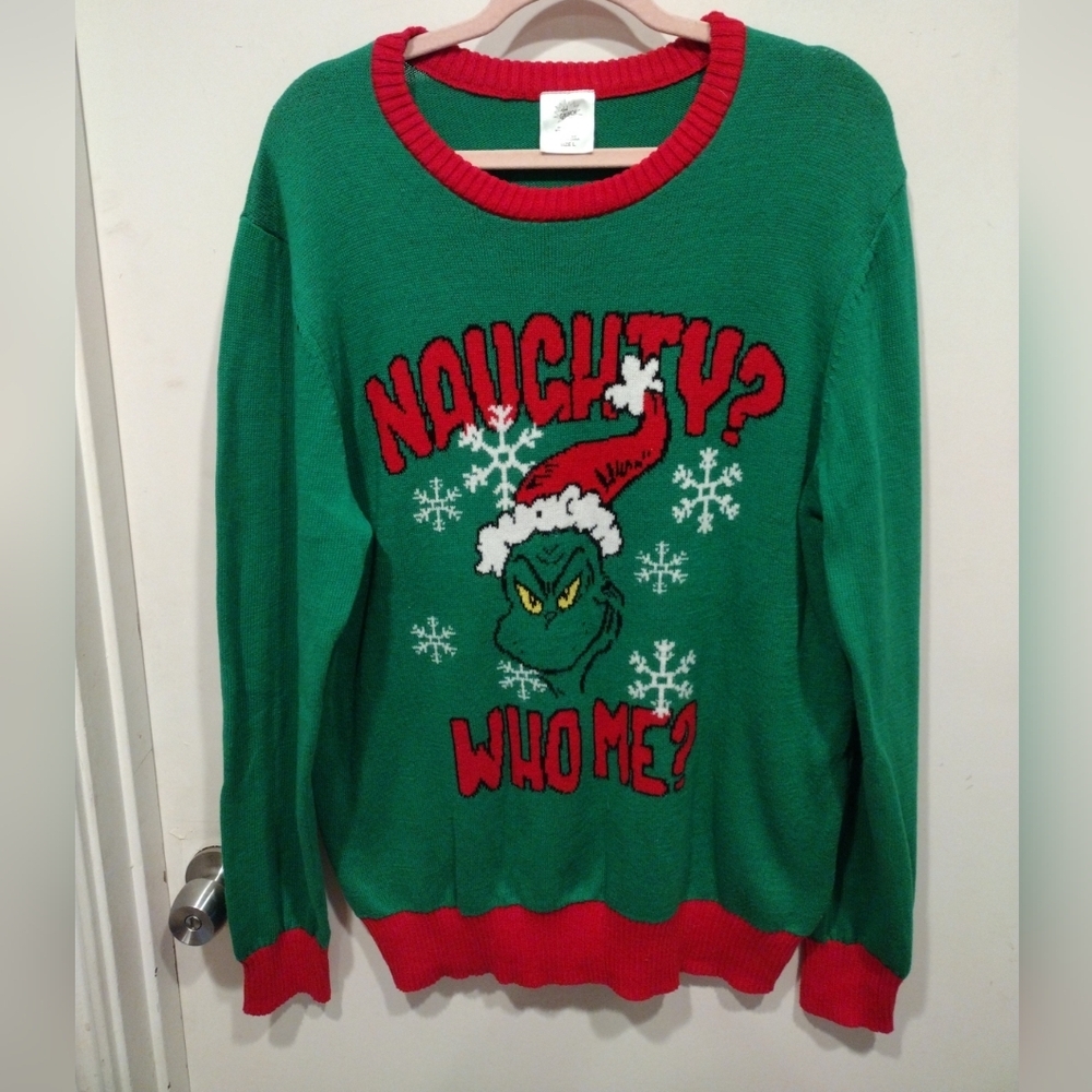 The Grinch Naughty Who Me? Long Sleeve Men's Pullover Christmas Sweater Sz L